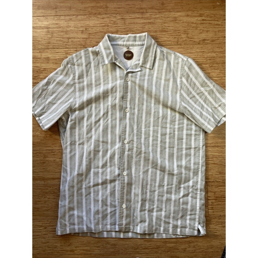 Common People Mens Striped Camp Shirt Size XL Green White Short Sleeve